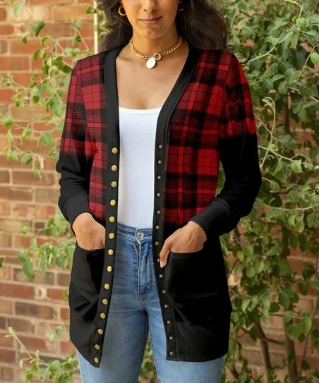 Lily | Red & Black Plaid Button-Up Cardigan - Women & Plus 1 Lily | Red & Black Plaid Button-Up Cardigan - Women & Plus