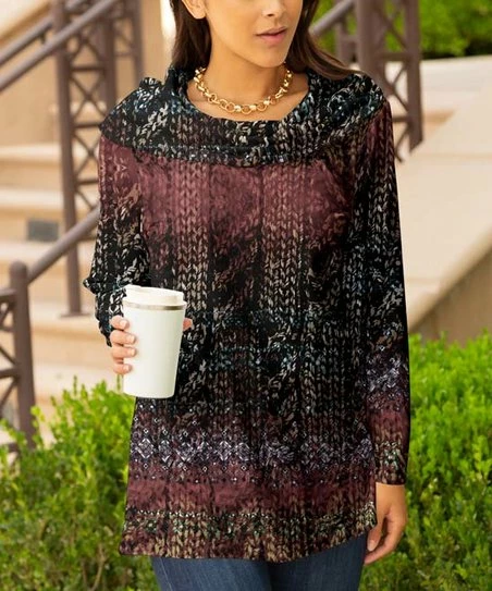Lily | Mauve & Brown Abstract Long-Sleeve Cowl Neck Tunic - Plus 1 Lily | Mauve & Brown Abstract Long-Sleeve Cowl Neck Tunic - Plus