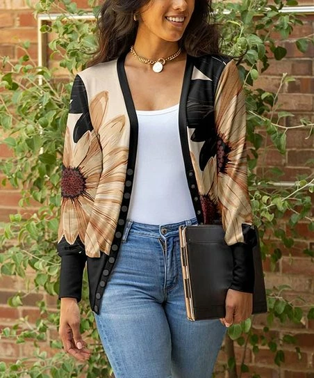Lily | Black & Beige Floral Snap-Button Cardigan - Plus 1 Lily | Black & Beige Floral Snap-Button Cardigan - Plus