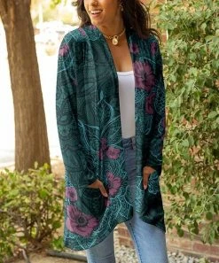 Lily | Teal & Purple Floral Pocket Open Cardigan - Women