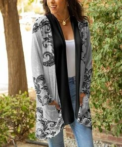 Lily | Black & Gray Paisley Pocket Open Cardigan - Plus