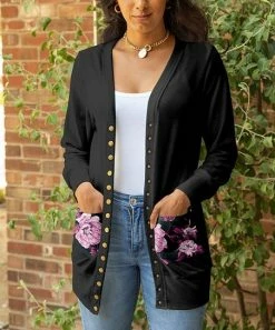 Lily | Black & Pink Floral Pocket Snap-Button Cardigan - Women & Plus