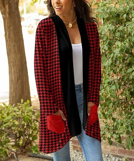 Lily | Red & Black Houndstooth Pocket Open Cardigan - Plus 1 Lily | Red & Black Houndstooth Pocket Open Cardigan - Plus