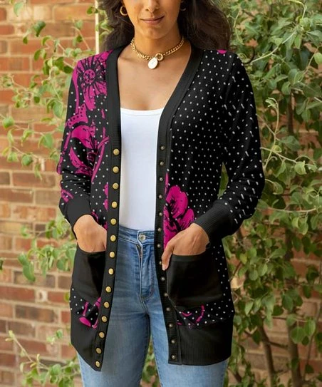 Lily | Black & Pink Floral Pin Dot Pocket Snap-Button Cardigan - Women 1 Lily | Black & Pink Floral Pin Dot Pocket Snap-Button Cardigan - Women