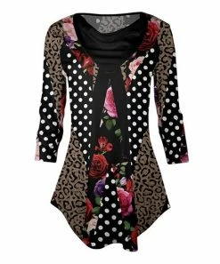 Lily | Black & Brown Floral Leopard Polka Dot Drape Neck Curved-Hem Tunic - Women