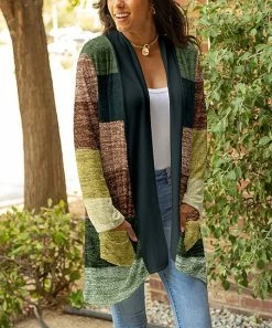 Lily | Olive & Brown Color-Block Longline Open Cardigan - Plus