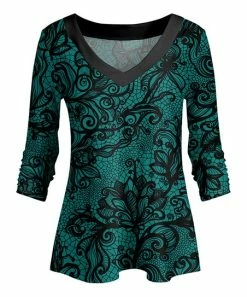Lily | Teal & Black Floral Lace-Print V-Neck Tunic - Plus