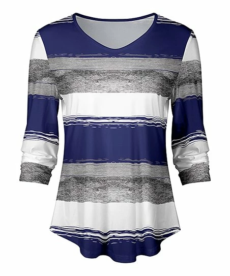 Lily | Gray & Blue Abstract Stripe V-Neck Tunic - Women 1 Lily | Gray & Blue Abstract Stripe V-Neck Tunic - Women
