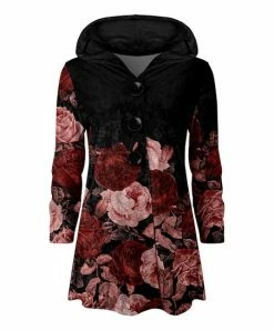 Lily | Black & Pink Floral Velvet Button-Front Hooded Cardigan - Women