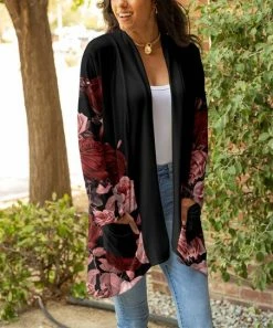 Lily | Black & Pink Floral Pocket Shawl Collar Cardigan - Plus