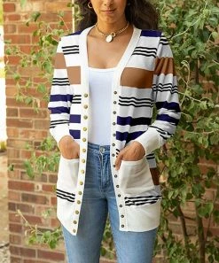 Lily | Navy & White Stripe Pocket Snap-Button Cardigan - Women & Plus