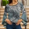 Lily | Gray & White Floral Trumpet-Sleeve Boatneck Tunic - Plus