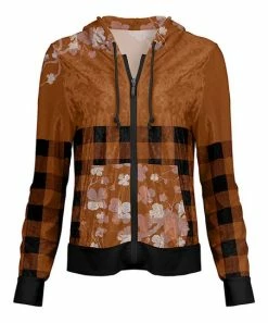 Lily | Rust & Black Plaid Floral-Accent Velvet Zip-Up Hoodie - Plus