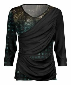 Lily | Black & Teal Peacock Drape-Accent V-Neck Top - Plus