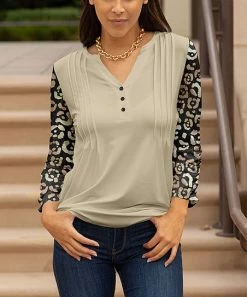 Lily | Beige & Black Leopard Print Sleeve Button-Front Tunic - Women
