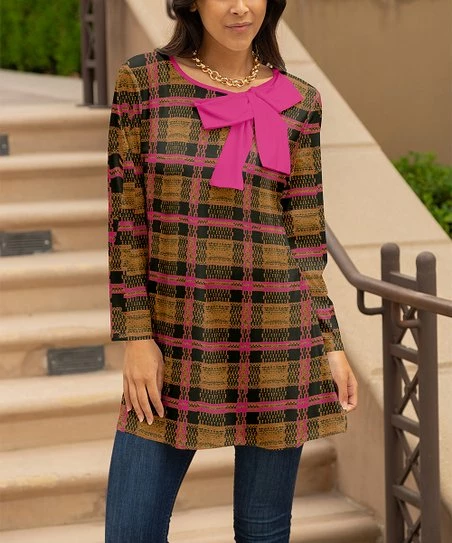 Lily | Rust & Pink Plaid Bow-Accent Tunic - Plus 1 Lily | Rust & Pink Plaid Bow-Accent Tunic - Plus