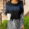 Lily | Black & Blue Lace-Print Color Block Cowl Neck Tunic - Plus
