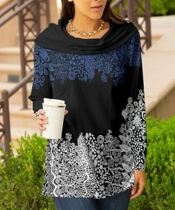 Lily | Black & Blue Lace-Print Color Block Cowl Neck Tunic - Plus