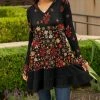 Lily | Black & Red Floral V-Neck Ruffle-Hem Swing Hoodie - Women