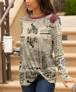 Lily | Beige & Black Vintage Script Crewneck Long-Sleeve Twist-Hem Tunic - Women & Plus