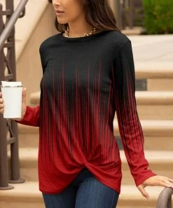 Lily | Black & Red Striated Ombré Crewneck Long-Sleeve Twist-Hem Tunic - Plus