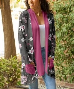 Lily | Gray & Pink Floral Pocket Open Cardigan - Women & Plus