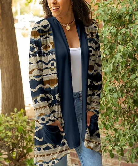 Lily | Navy & Cream Geometric Pocket Open Cardigan - Women & Plus 1 Lily | Navy & Cream Geometric Pocket Open Cardigan - Women & Plus