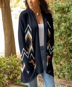 Lily | Navy Multicolor Geometric Pocket Open Cardigan - Women & Plus