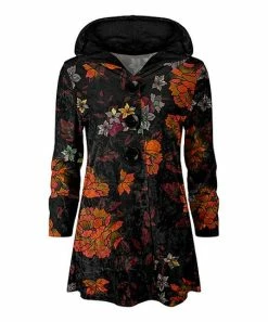 Lily | Black & Orange Floral Velvet Button-Front Hoodie - Plus