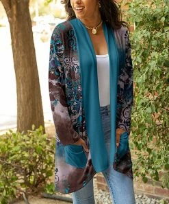 Lily | Blue & Brown Floral Contrast-Hem Open Cardigan - Women