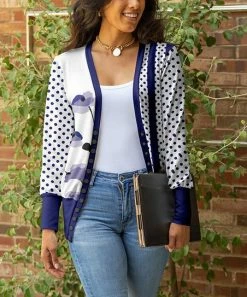 Lily | Navy & White Floral & Dot Cardigan - Plus