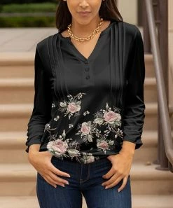 Lily | Black & Rose Floral Button V-Neck Tunic - Women