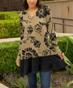 Lily | Beige & Black Floral Ruffle-Hem Hoodie - Women