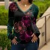 Lily | Teal & Pink Floral Long-Sleeve V-Neck Tunic - Plus