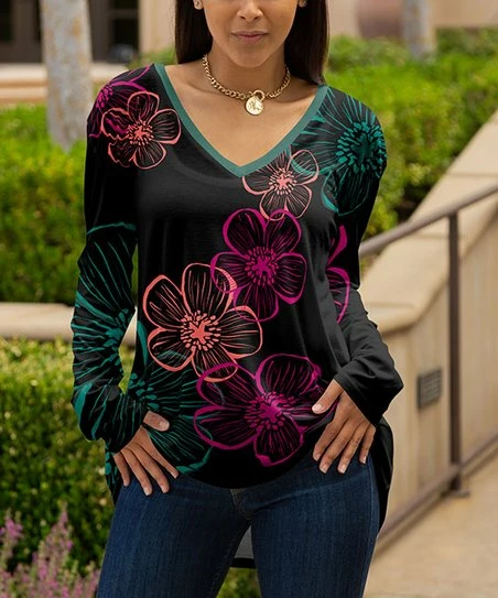 Lily | Teal & Pink Floral Long-Sleeve V-Neck Tunic - Plus 1 Lily | Teal & Pink Floral Long-Sleeve V-Neck Tunic - Plus
