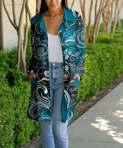 Lily | Navy & Black Mandala Swirl Button-Up Longline Jacket - Women