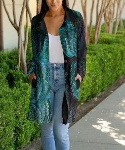 Lily | Black & Turquoise Abstract Button-Up Longline Jacket - Women