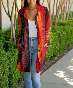 Lily | Red & Black Abstract Stripe Button-Up Longline Jacket - Plus