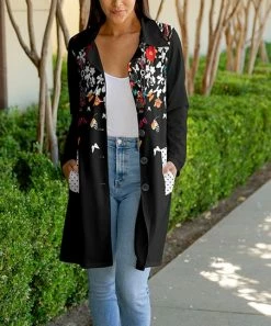 Lily | Black & White Floral Butterflies Button-Up Longline Jacket - Plus