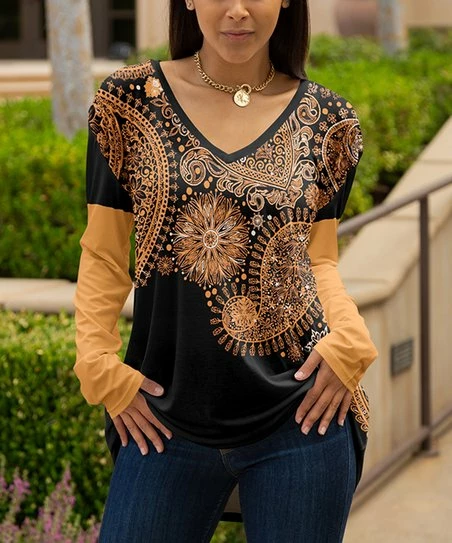 Lily | Black & Beige Abstract V-Neck Tunic - Women 1 Lily | Black & Beige Abstract V-Neck Tunic - Women