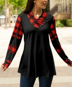Lily | Black & Red Plaid Contrast Long-Sleeve Cowl Neck Tunic - Women