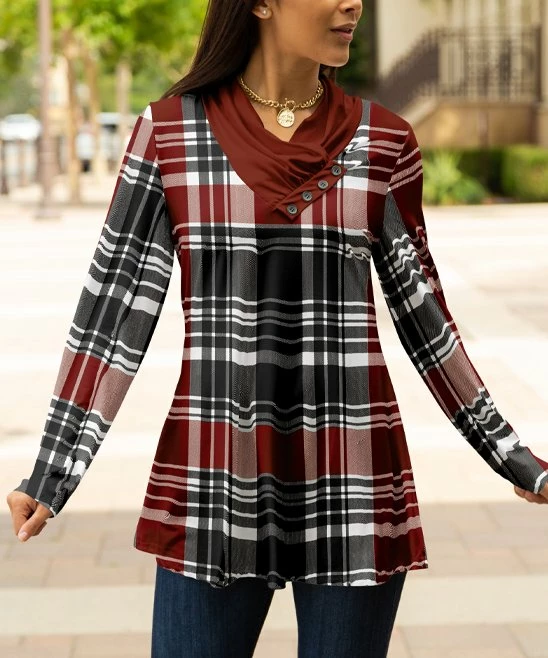 Lily | Burgundy & Black Plaid Long-Sleeve Cowl Neck Tunic - Women 2 Lily | Burgundy & Black Plaid Long-Sleeve Cowl Neck Tunic - Women - Image 2