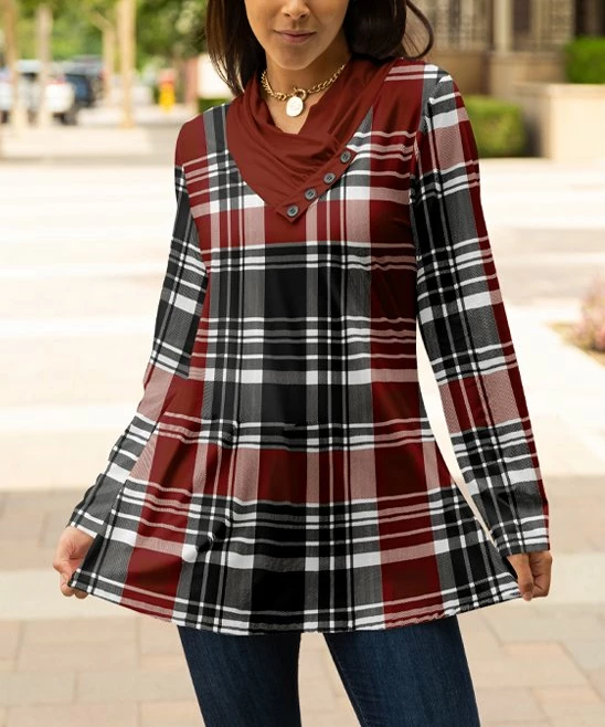 Lily | Burgundy & Black Plaid Long-Sleeve Cowl Neck Tunic - Women 1 Lily | Burgundy & Black Plaid Long-Sleeve Cowl Neck Tunic - Women