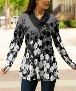 Lily | Black & Gray Floral Long-Sleeve Cowl Neck Tunic - Women