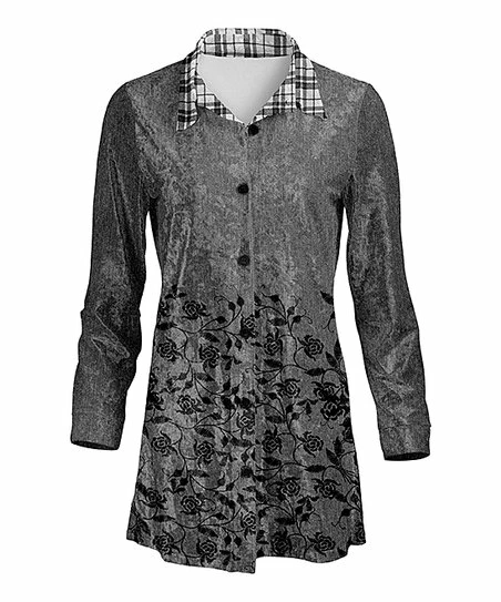 Lily | Gray & Black Floral Plaid-Collar Velvet Button-Up - Women 1 Lily | Gray & Black Floral Plaid-Collar Velvet Button-Up - Women