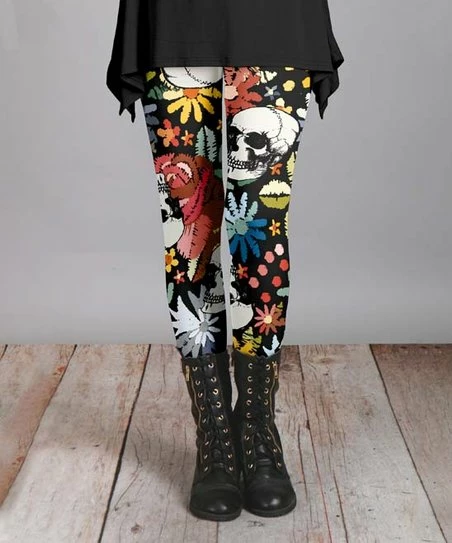 Lily | Black & Yellow Floral Skull Leggings - Women & Plus 1 Lily | Black & Yellow Floral Skull Leggings - Women & Plus