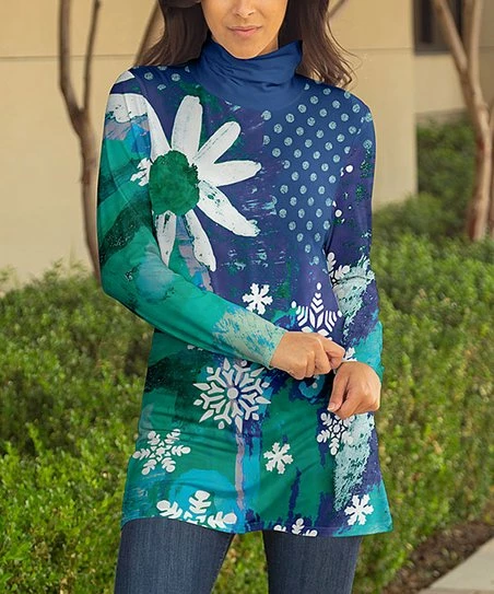 Lily | Blue & Teal Floral Polka Dot Turtleneck Tunic - Plus 1 Lily | Blue & Teal Floral Polka Dot Turtleneck Tunic - Plus