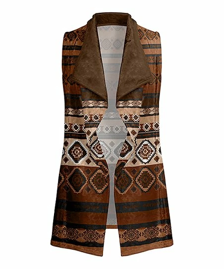 Lily | Brown & Beige Geometric Velvet Open Vest - Women & Plus 1 Lily | Brown & Beige Geometric Velvet Open Vest - Women & Plus