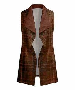 Lily | Brown & Red Plaid Velvet Open Vest - Women & Plus