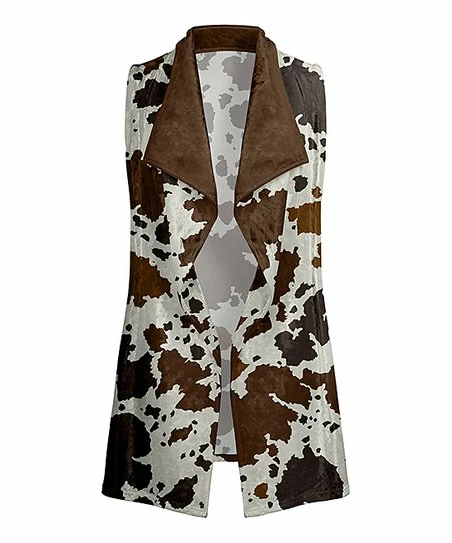 Lily | White & Brown Cow-Print Velvet Open Vest - Women & Plus 1 Lily | White & Brown Cow-Print Velvet Open Vest - Women & Plus